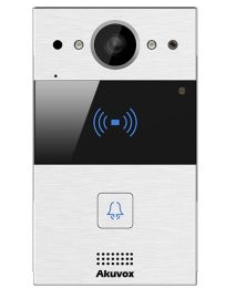 AKU-R20A-S-1BIM Interphone vidéo compact SIP avec 1 bouton et boucle magnétique (Video & Lecteur de carte).  Caméra 2MP Grand Angle 110°. Façade aluminium - Montage Saillie inclus. Prévoir boitier de montage pour encastré. Compatible avec loptio