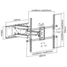 VAL-17991207 Support pour moniteur LCD de 50" à 90" - Installation mural -Inclinaison réglable de 5° vers le haut et 15° vers le bas, Charge maximale: 75 kg, Ecartement au mur: 69 mm à 635 mm, pivotable  jusqu'à 60° vers la gauche ou la droite