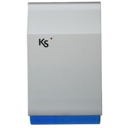 KSI-IMAGO-GB Sirène acoustique/lumineuse extérieur pour KS BUS imago, auto-alimenté à faible consommation, avec protection metallique galvanisée incassable (batterie exclue), de couleur gris métallisé avec un fond transparent bleu.