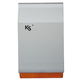 KSI-IMAGO-GO Sirène acoustique/lumineuse extérieur pour KS BUS imago, auto-alimenté à faible consommation, avec protection metallique galvanisée incassable (batterie exclue), de couleur gris métallisé avec un fond transparent orange.