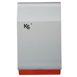 KSI-IMAGO-GR Sirène acoustique/lumineuse extérieur pour KS BUS imago, auto-alimenté à faible consommation, avec protection metallique galvanisée incassable (batterie exclue), de couleur gris métallisé avec un fond transparent rouge.