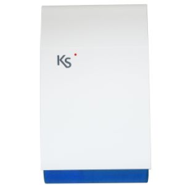 KSI-IMAGO-WB Sirène acoustique/lumineuse extérieur pour KS BUS imago, auto-alimenté à faible consommation, avec protection metallique galvanisée incassable (batterie exclue), de couleur blanche avec un fond transparent bleu.